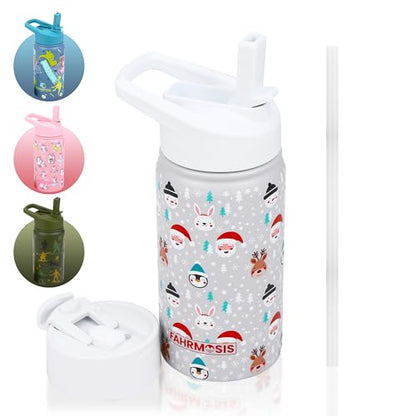 FAHRMOSIS 14 OZ Kids Water Bottle with Straw & 2 Lids (Flip & Spout) Leak Proof Metal Insulated Stainless Steel Reusable Tumbler for School & Sports Water Bottle - White (Winter) - color: White(Winter), style: Water Bottle - 14 OZ