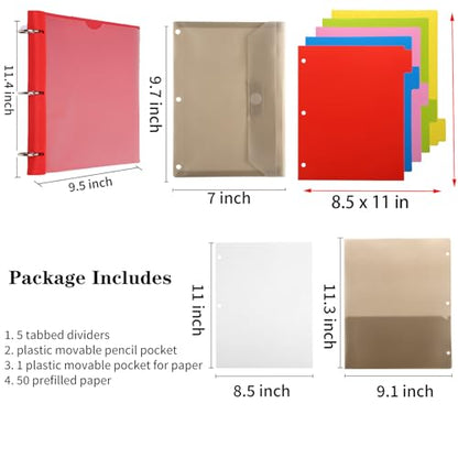 Pivotable Refillable Notebook, 1 Inch 3 Ring Notebook Binder, 50 College Ruled Paper, 5 Subject Notebook with Dividers and Folder Pockets, Tabs- Red - color: Red, size: 1 PCS
