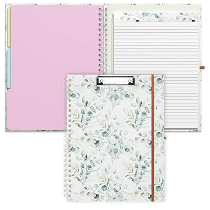 Rimilak Spiral Clipboard Folio with Refillable Lined Notepad, 14.5 x 9.8 In, Hardcover Cover with 5 Interior Pockets, Elastic Band and Pen Loop Series. Cute Stylish Clipfolio, Green Leaves - color: Green Leaves