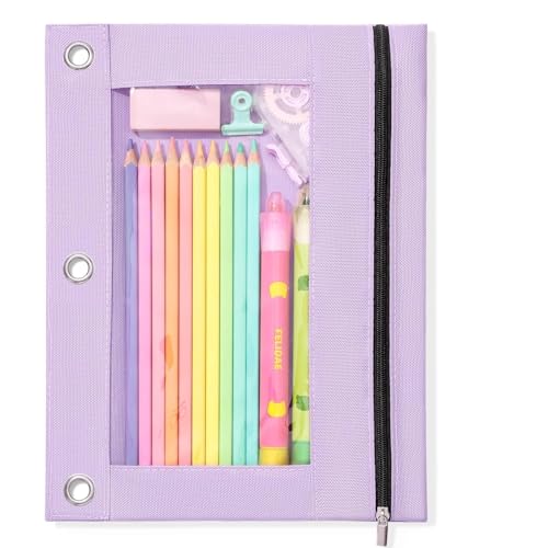 SUNEE Pencil Pouch for 3 Ring Binder, Large Zipper Pencil Case with Clear Window, 3 Reinforced Grommets, Binder Accessories for School and Office Supplies Storage, Lavender - color: Light Purple