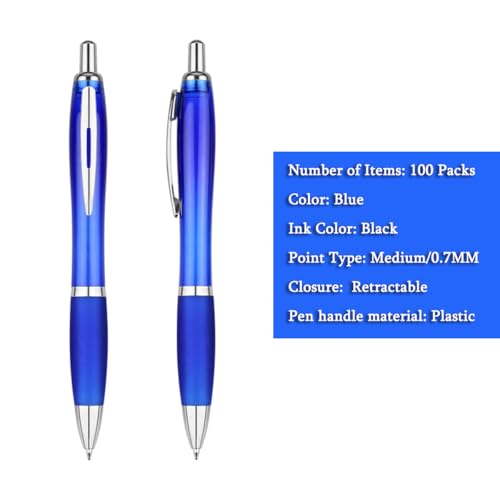 100-Pack Promotional Pens with Custom Text - Clear Plastic Pens - color: Blue