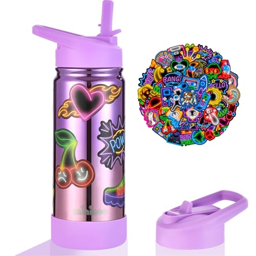 Mininoo Kids Water Bottle, Girls Water Bottles for School, 16oz Metal Water Bottle Kids with Straw Lid - color: 16oz Specular Purple/Pink, size: 16 Ounces