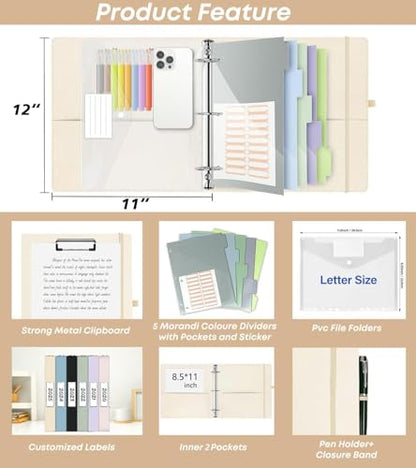 2 Inch 3 Ring Linen Binder Organizer, BVSSX Three Ring Binders with Clipboard, Plastic Folder, 5-Tabs Pocket Dividers with Sticker Labels, Pen Loop, Elastic Strap (Tulip, Letter Size) - color: Beige Flower, size: 2in（Letter Size）