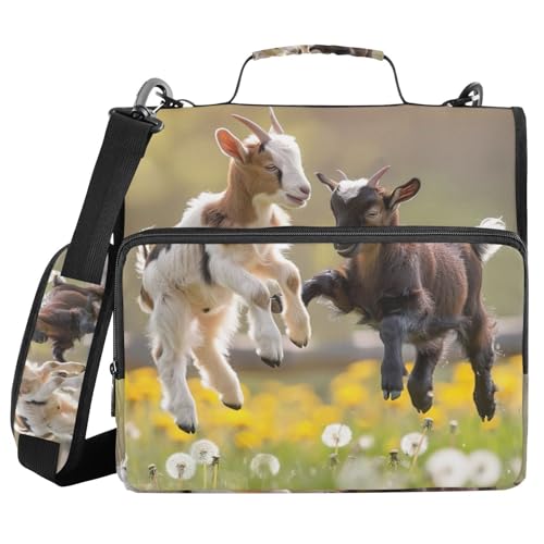 3 Ring Zipper Binder with Shoulder Strap, 500 Sheets Capacity, Multi-Pocket Organizer for School/Office, 1.5 Inch D-Rings Zip Binder (Playful Goats Pattern)
