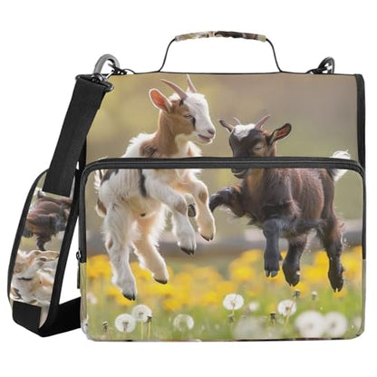 3 Ring Zipper Binder with Shoulder Strap, 500 Sheets Capacity, Multi-Pocket Organizer for School/Office, 1.5 Inch D-Rings Zip Binder (Playful Goats Pattern)