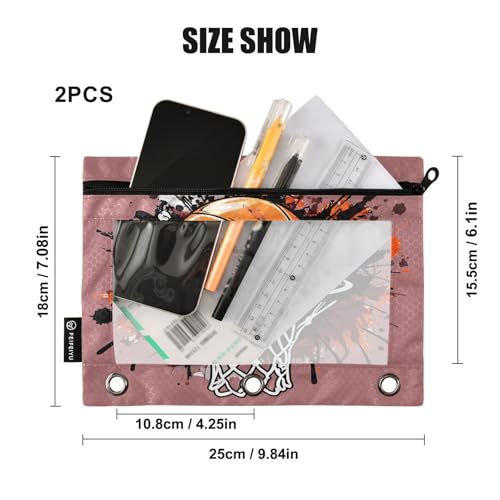 ALAZA Pencil Pouch for 3 Ring Binder, Splash Basketball Basket Hoop Binder Pencil Pouches with Clear Window Zipper Pencil Case Cosmetic Bags for Office College Supplies, 2PCS