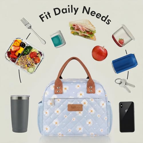 HOMESPON Insulated Lunch Bag for Women Men, Cooler Tote Box, Blue Daisy | Front Pocket, Side Mesh Pockets, Reusable, for Work, Picnic, Food Container - color: Blue Daisy