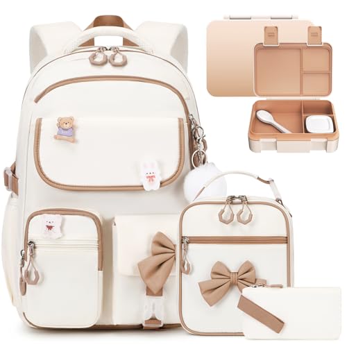 ACESAK Backpack for Girls - Bento Box with Insulated Lunch Bag Pencil Case & Utensils Set for Kids, 4 Leakproof Compartments Removable Tray Lunches or Snack Container for School (Beige khaki) - color: Khaki