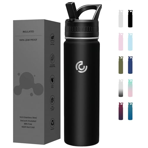 COKTIK 22oz Sports Water Bottle, Stainless Steel Water Bottle for Insulated, Reusable Travel Bottle, With Straw, With Handle Grip for Easy Carrying, Suitable for Cycling, Outdoor Vacations(Black) - color: Black, size: 22 Ounces