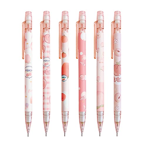 MOZXIRZ 6 Pcs Cute Mechanical Pencils with Eraser 0.5mm Cartoon Peach Mechanical Pencil School Pencil for Women (6pcs Peach/No Refill) - color: 6pcs Peach /No Refill
