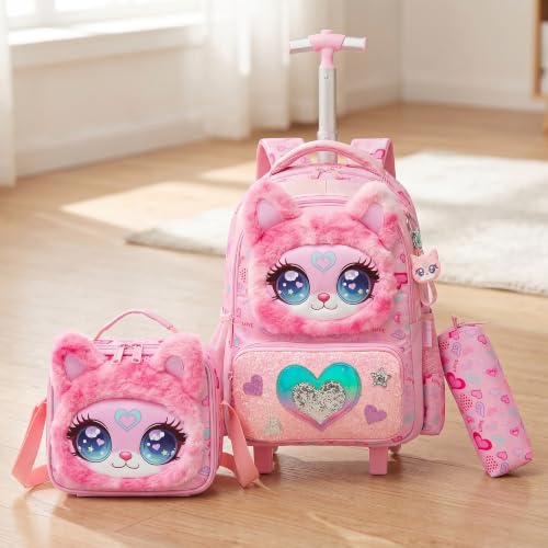 Girls Rolling Backpack for Kids with Wheels,Cute 3D Kids Rolling Backpack for School,Lightweight Kids Luggage for 6-8,Large Capacity BookBag with Wheels & Telescopic Handle - color: 3d Plush Cute Pink
