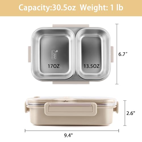 Stainless Steel Lunch Box with 2 Compartments, Leakproof, 30.5 oz Food Storage Containers, Bento Box for Adults,Men,Women(Beige) - color: Beige