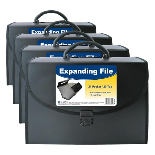 C-Line 21-Pocket Poly Expanding File with Handle, Includes Tabs, Locking Closure, Legal Size, Black (58320), Traditional (Pack of 4) - size: Legal (Pack of 4)