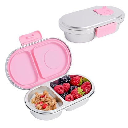Good Bare Stainless Steel Snack Container for Kids | 2-Compartment Metal Bento Box | Removable Silicone Seal, BPA-Free | Leak-Resistant, Dishwasher Safe | Updated Easy-Open Latch - color: Sweet Pink