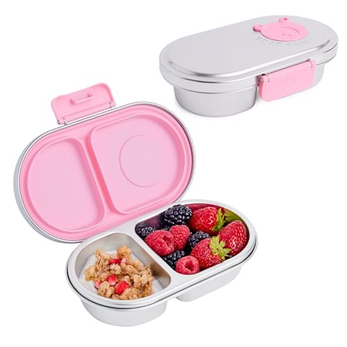 Good Bare Stainless Steel Snack Container for Kids | 2-Compartment Metal Bento Box | Removable Silicone Seal, BPA-Free | Leak-Resistant, Dishwasher Safe | Updated Easy-Open Latch - color: Sweet Pink