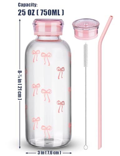 NiHome 25oz/750ml Pink Bow Glass Water Bottle with Silicone Straw, 2 Lids, Cleaning Brush, Borosilicate Glass for Hot and Cold Drinks, Leak-Proof Reusable Bottle for Travel, Gym, Office, School, Home - color: Pink