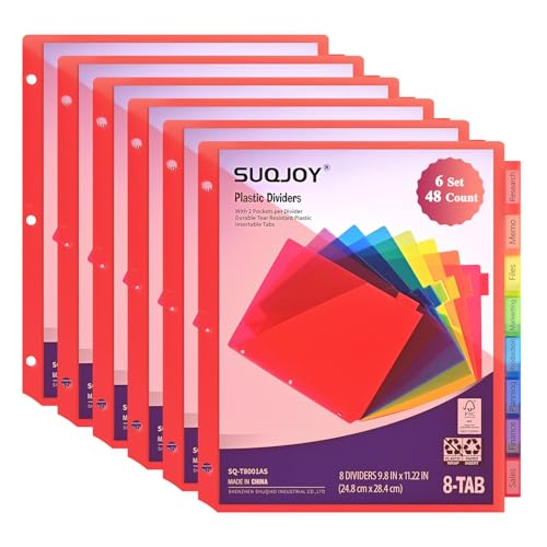 SUQJOY Binder Index Dividers with Tabs, 48 Count 3 Ring Binder Dividers with Pockets, 8 Tab Dividers for 3 Ring Binder, Plastic Sheet Protectors for US Letter Size, 8 Color Tab Dividers,6 Packs - size: 6 Pack
