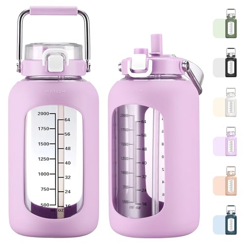 MUKOKO 84oz Glass Water Bottle with Time Marker and Silicone Sleeve 2.5L Water Jug with Stainless Steel Handle Gallon Drinking Bottle with 2-in-1 Lid Wide Mouth BPA Free, Purple - color: Purple, size: 84 Ounces