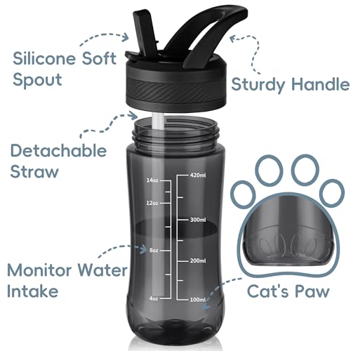 14oz Clear Kids Water Bottle with Straw Lid, BPA-Free Tritan, Measurement Scale, Sturdy Handle Wide Mouth Leak-proof Reusable Plastic Bottle for Boy& Girls, Back to School(Black) - color: Black