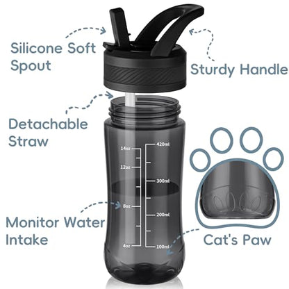 14oz Clear Kids Water Bottle with Straw Lid, BPA-Free Tritan, Measurement Scale, Sturdy Handle Wide Mouth Leak-proof Reusable Plastic Bottle for Boy& Girls, Back to School(Black) - color: Black