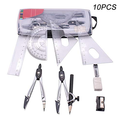 Geometry Kit Math Geometry Kit Set Plastic Metal Geometry Protractor Drawing School Eraser Compasses Set Math Eraser Ruler for Students high Quality （10pcs Set ） Compass Set Professional Compass Set