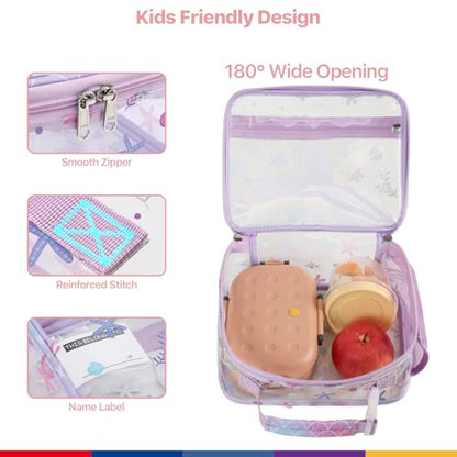 Bagseri Clear Kids Lunch Bag - School Snack Bag with Bottle Holder | Side Pocket, Buckle Handle, Wide Opening, PEVA Lining, School Girls Lunch Box, Clear Toy Bags, Purple Mermaid - color: B-purple mermaid tail