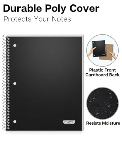 Dunwell 3-Subject Spiral Notebook, (Black) Plastic Cover, 150 Sheets (300 Pages) Wide Ruled 8x10.5 Paper, 3-Hole Punched Perforated Pages, 3 Divider Folders with Pockets - color: Black