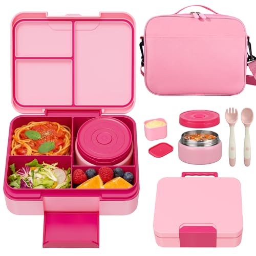 Kids Bento Lunch Box Set with 9.5oz Soup Thermo, Leak-Proof Lunch Food Containers with 3 Compartment and Removable Inner Tray, Insulated Hot Food Jar with Lunch Bag for School, Office, Pink - color: Pink