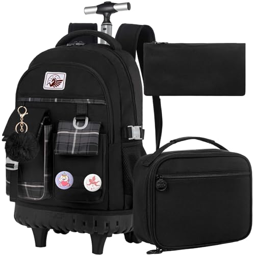 gxtvo 3PCS Rolling Backpack for Women, Girls Wheeled Bookbag with Lunch Box for Adults, Water Resistant Roller School Bag for College Teens Kids Travel - Black - color: 3pcs Set Black