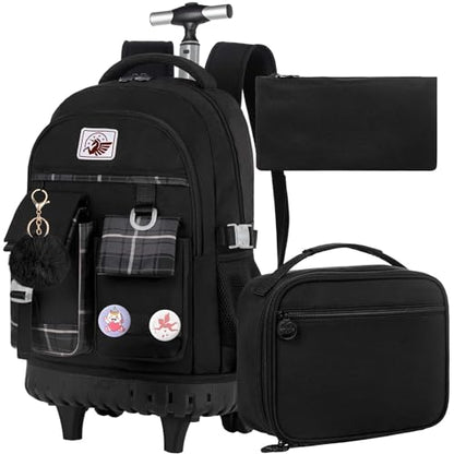 gxtvo 3PCS Rolling Backpack for Women, Girls Wheeled Bookbag with Lunch Box for Adults, Water Resistant Roller School Bag for College Teens Kids Travel - Black - color: 3pcs Set Black