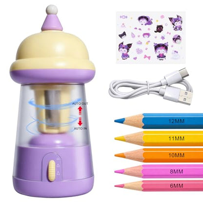 Rechargeable Electric Pencil Sharpener, 6-12mm Auto in & Out Fully Automatic Pencil Sharpener for Kids, Large Capacity Battery Powered, with Cartoon Stickers Ideal for Classroom & Home (Yellow-purple) - color: Yellow-purple