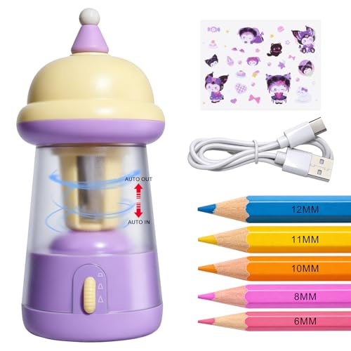Rechargeable Electric Pencil Sharpener, 6-12mm Auto in & Out Fully Automatic Pencil Sharpener for Kids, Large Capacity Battery Powered, with Cartoon Stickers Ideal for Classroom & Home (Yellow-purple) - color: Yellow-purple