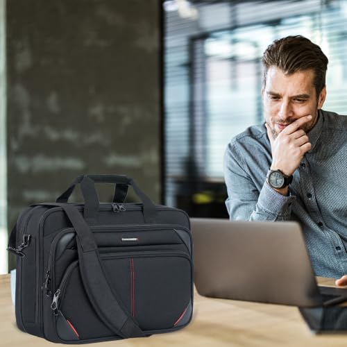 KROSER Laptop Bag 17.3 Inch Premium Laptop Briefcase, Expandable Water Repellent Laptop Shoulder Messenger Bag Durable Computer Case for Business/Travel/Men/Women (Black/Red) | Expandable design, padded laptop compartment, luggage strap for business and t