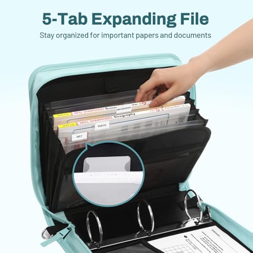 SUNEE Zipper Binder 3 Ring, 3 Inch O-Ring with Handle and Shoulder Strap, 600-Sheet Capacity, 5-Tab Expanding File Folder, Multi-Pockets for Middle School Organizer Binder with Zipper, Sky Blue - color: Sky Blue