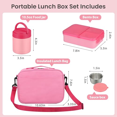 HWONMTE Bento Lunch Snack Boxes Set for Kids Reusable Food Containers with Insulated Lunch Bag, Sauce Box,Removable Dividers for Toddler Girls Boys Teens to School,Travel - color: Pink Set