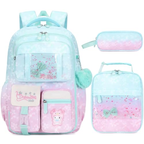 Jafeton Backpacks for Girls, Girls Backpack with Insulated Lunch Bag and Pencil Case for Kids Teens Elementary Middle High School Student, Cute Bow School Bag Travel Daypacks Book Bag Set - color: Pink Green