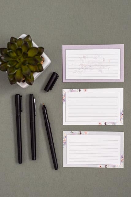 Floral Index Cards by Pure Print and Design | Floral Flash Cards Perfect For Study Sessions & Learning | 100 Cards of Premium Quality with 5 Different Designs | White, Purple and Gray | 3x5 inches - color: White, Purple and Gray