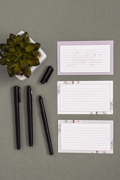 Floral Index Cards by Pure Print and Design | Floral Flash Cards Perfect For Study Sessions & Learning | 100 Cards of Premium Quality with 5 Different Designs | White, Purple and Gray | 3x5 inches - color: White, Purple and Gray