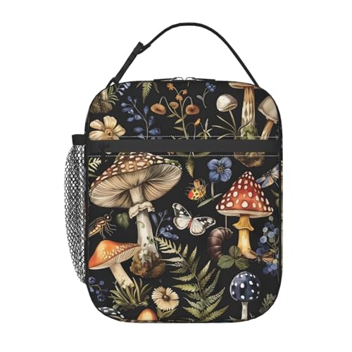 Mushroom Lunch Box for Kids,Enchanted Forest Insulated Bag for Student,Fungi Floral Butterfly Dark Reusable Thermal Insulation Cooler Tote Bags for School Work Picnic Camping Outdoor,Gifts - color: Mushroom 01