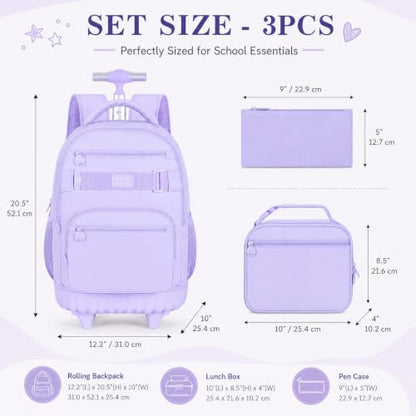 HPJGD 3PCS Rolling Backpack for Girls, Womens Purple School Backpacks with Wheels, Water Resistant Roller Kids Wheeled Bookbag Set - color: Classic Purple Rolling Backpack Set