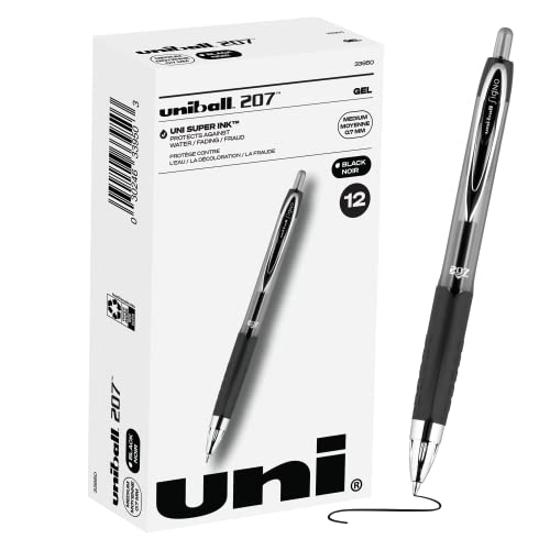 uni-ball Signo 207 Gel Pen, 0.7mm Medium Black, Smooth Writing (Pack of 12, 144 Count Total) - color: All Black, size: 1 Count (Pack of 144)