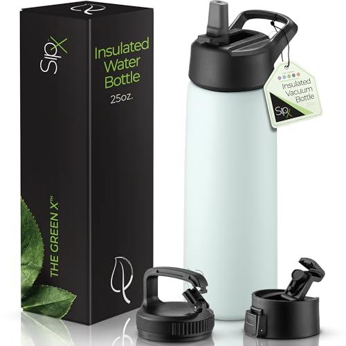 SipX™ 25 oz Insulated Water Bottle with 3 Lids – Leakproof Stainless Steel, Triple Insulated – Cold 24 Hours/Hot 12 Hours – Durable Bottle for School, Gym, Travel – Blue - color: Blue, size: 25 Ounces