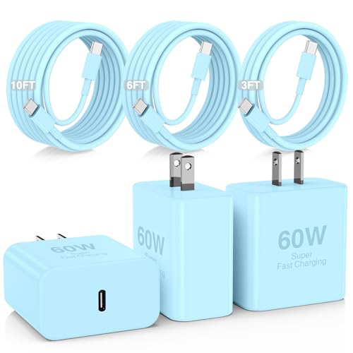 Hzevn 60W C Quick Wall Chargers 3Pack, Super Fast Charging Charger with Bulk 3/6/10FT Long USB C Cable Cords for Samsung Galaxy S26/S25/S24/S23 Ultra/S22/S21 (Blue, 3ft+6ft+10ft) - color: Blue, size: 60w(3+6+10)ft