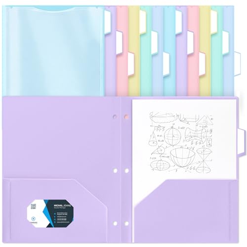 Fuutreo 12 Pcs Plastic Folders with 2 Pockets & Clear Front Pockets, Pastels Colors, Business Card, 3 Hole, 1/3 Cut Colorful Tabs, Heavy Duty File Folders for Letter Size Paper, Office, Back to School - style: 3 Hole Punched with View Pocket Style