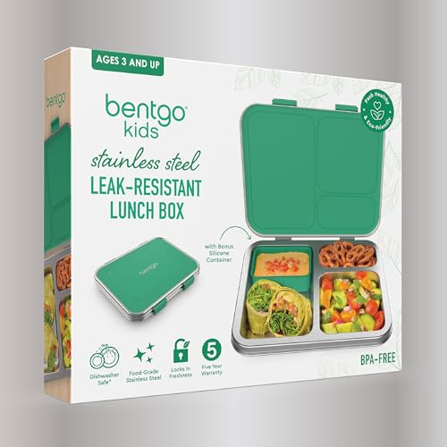 Bentgo Kids Stainless Steel Leak-Resistant Lunch Box - 3-Compartments with Bonus Silicone Container, Durable, Eco-Friendly, Dishwasher Safe, BPA-Free, Ideal for School, Ages 3+ (Green) - color: Green