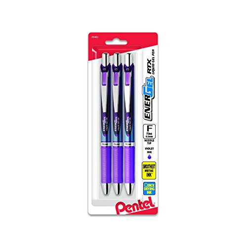 Pentel EnerGel RTX Retractable Liquid Gel Pen (0.5mm), Fine Line, Needle Tip, Violet Ink, Pack of 3 (BLN75BP3V) - color: Violet, size: 3 Count (Pack of 1)