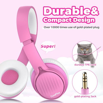 TuneFlux Upgraded Kids Headphones, Wired Toddler Headsets, 85dB Limited Volume On Ear Headphones, Portable Foldable Design, Stereo Sound Kids Headsets for School/Tablet/Travel-Pink - color: Pink