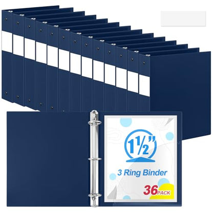 Henoyso 36 Pcs Navy Blue 1.5 Inch 3 Ring Plastic Binder Bulk, 1 1/2 Inch Soft Flexible Binders Three Round Rings Fit 8.5x11 Papers for School Office Home File Organization Supplies - color: Navy Blue