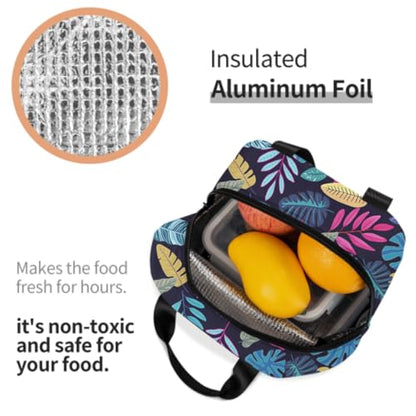 Imiss Blue Tropical Leaves Insulated Lunch Bag for Woman Man Adults， Hawaii Hawaiian Plants Reusable Cooler Lightweight Lunch Cooler Bag with Front Pocket for Picnic Work Office - color: Blue Tropical Leaves