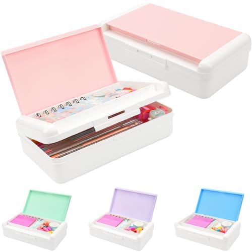 SFLHHDM Pencil Box for Office Supplies, Double Layer Large Capacity Plastic Pencil Case, Crayon Box with Snap-tight Lid,Stackable Storage Boxes for Gel Pen Pencils Case (White Pink-1pcs) - color: White Pink-1pcs